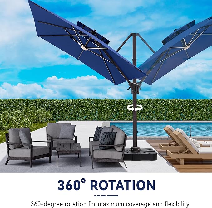 10x13 FT Cantilever Patio Umbrella with Base and Led Lights Double Top Outdoor Rectangular Large Heavy Duty Aluminum Offset Umbrellas with 7 Level Tilt 360-degree Rotation for Pool Garden Deck, Navy