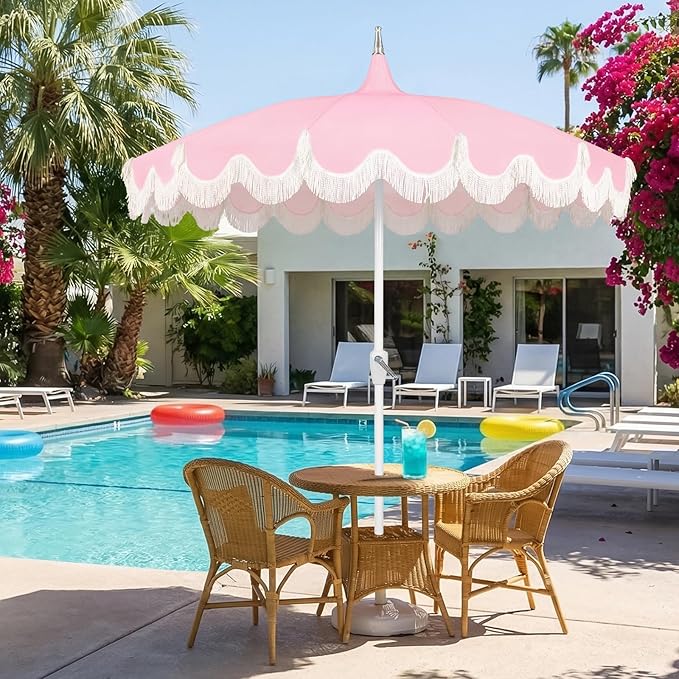 7.5ft Pagoda Patio Umbrella with Fringe, UPF50+ Tassel Umbrella with Crank & Fiberglass Ribs, Holiday Outdoor Umbrella for Garden Pool Lawn Yard Table