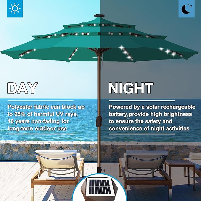Eurmax USA 10-Year-Non-Fading 10FT 3-Tier Outdoor Patio Market Umbrella with LED Lights,UPF50+ UV Resistant,Commercial Grade,Crank Lift Design,Windproof Vented Top for Garden,Pool,Deck,Teal