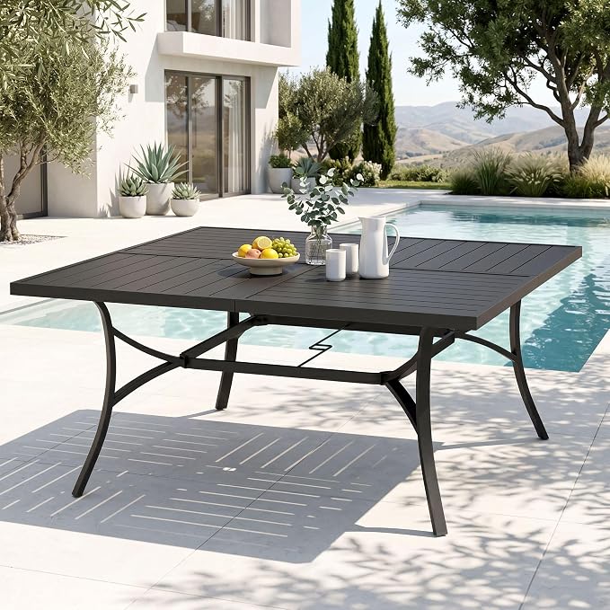 PHI VILLA Square Outdoor Table for 8, Black Metal Table w/Umbrella Hole | 57.5" large wrought iron table. Slatted top design, weather resistant. Perfect for patio, deck, porch, backyard.