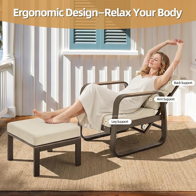 6 Pcs Aluminum Patio Furniture Set with Coffee Table Outdoor Conversation Sofa Set Include Adjustable 3-Seater Sofa, 2 Hydraulic Chair, 2 Ottoman for Balcony, Garden, Poolsid （Beige）