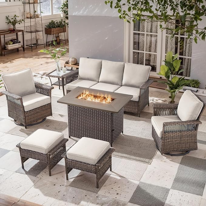 Patio Furniture Set with Fire Pit Table, 7PCS Patio Conversation Set Brown Resin Wicker Swivel Patio Chair Sofa Ottoman Set with Side Table and Fire Table PE Rattan Furniture Set