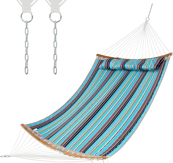 Giantex Hammock with Detachable Pillow Outdoor Hanging Chair, Patio Hammock w/Curved Bamboo Spreader Bar, Steel Chain, Hammocks Swing for Backyard, Beach, Garden (Blue)
