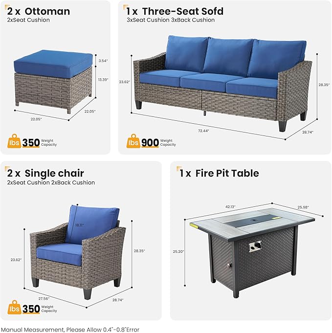 5 PCS Outdoor Patio Furniture Set, All-Weather Rattan Wicker Conversation Group with Deep Seating, High Back Comfort for Porch, Backyard, Blue