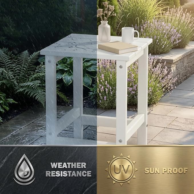 Outdoor Side Table, Square HDPE Patio End Table, Weather Resistant Adirondack Side Table for Porch, Garden, Backyard, Poolside, Waterproof Small Slat Accent Table, 14 Inch, White