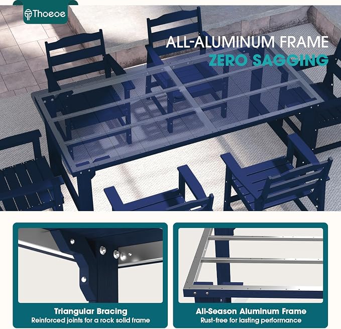 THOEOE 5 Piece Outdoor Dining Set, Patio Dining Table and 4 Chairs, All-Aluminum Frame, All-Weather HDPE Outdoor Furniture with Umbrella Hole for Garden, Lawn, Poolside, Navy Blue