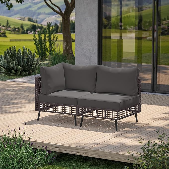 LAUSAINT HOME 2 Pieces Outdoor Sectional Sofa Set, All-Weather PE Wicker Rattan Patio Conversation Set with Thick Cushions & Coffee Table, Patio Furniture Set for Garden, Backyard, Porch (Grey)