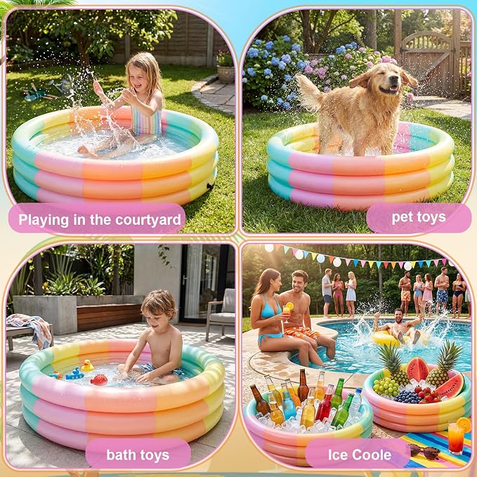 VioraWhite 4 Pack Inflatable Kiddie Pool for Toddlers 34"x10" Pastel Blow up Kids Swimming Pool Small 3 Rings Round Baby Pools for Indoor Outdoor Water Game Play Center