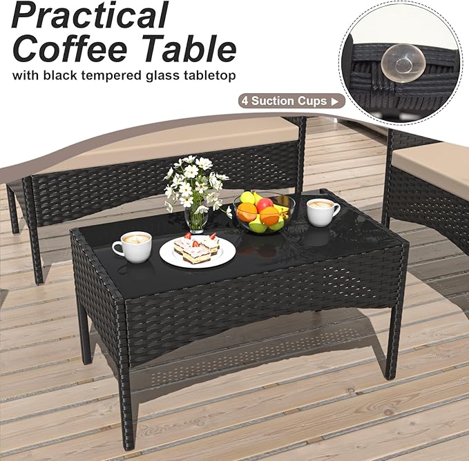 4 Piece Patio Rattan Conversation Set, Outdoor Rattan Chair Wicker Furniture Set, Couple Seats and Tempered Glass Table,Comfort Seat for Patio, Pool or Backyard