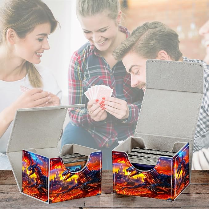 Card Deck Box for MTG, Cards Storage Box Fits 120+ Sleeved, Leather Small Size Strong Magnetic Closing Card Case for Board Games Magic TCG CCG Baseball Collection, Castle Flaming Dragon
