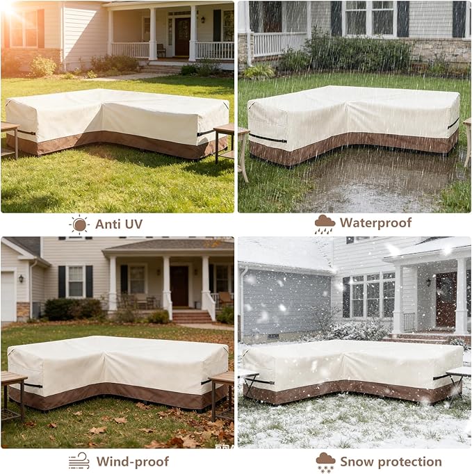 okcool Outdoor Sectional Sofa Cover Waterproof-L-Shaped Patio Furniture Covers for 6-Seater Outdoor Sectional Furniture Couch 85"(110''L) x 32''D x 31''H, Beige & Brown