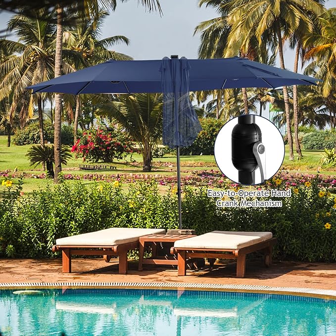 Giantex 15 FT Double Patio Umbrellas with 48 Solar LED Lights, Auto-Charging Panel, Crank System, Outdoor Extra-Large Rectangle Market Table Umbrella for Garden Deck Backyard Beach Pool