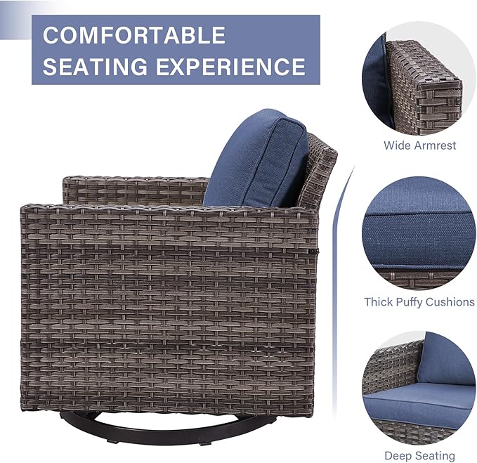 Outdoor Patio Swivel Rocker Chairs - 3 Piece Wicker Patio Furniture Bistro Swivel Rocking Chairs Set with Comfortable Cushions,Sturdy Metal Frame and Side Table for Porch Deck(Mixed Grey/Blue)