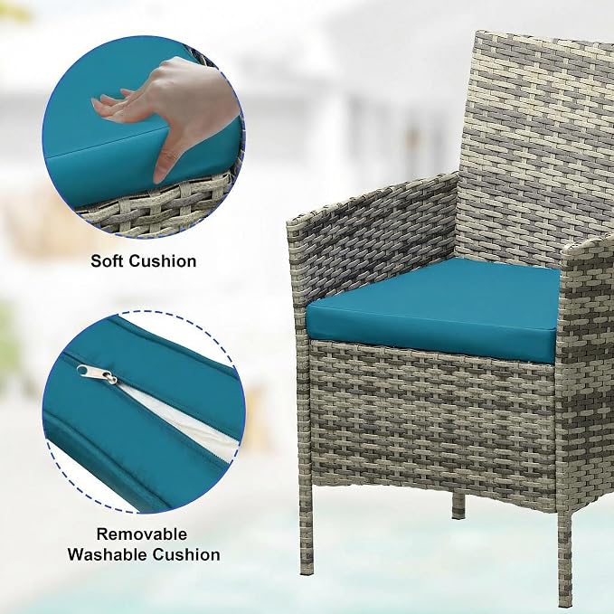 GarveeLife 3 Piece Patio Furniture Set, Rattan Outdoor Furniture with 2 Chairs & Coffee Table, Modern Outdoor Seating Conversation Bistro Set for Garden Backyard Porch (Grey and Peacock Blue)