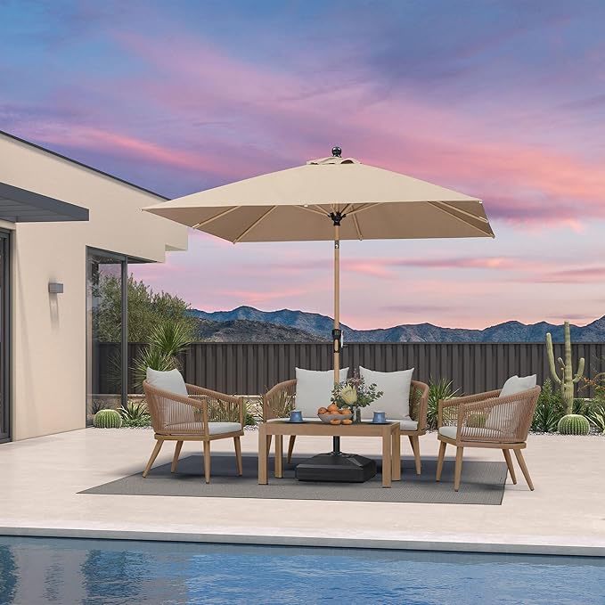PURPLE LEAF 8' x 8' Square Outdoor Table Umbrella with Base Patio Umbrella Aluminum Market Umbrella with Push Button Tilt & Crank and 8 Ribs Outdoor Umbrella for Pool Backyard Beach, Taupe