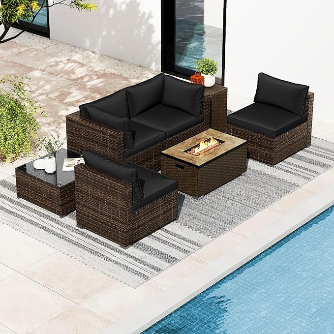 Tangkula 7 Pieces Outdoor Sectional Sofa Set Set with 32” Fire Pit Table and Propane Tank Cover, for Deck, Garden and Backyard, Fire Pit Protective Cover Included (Black)