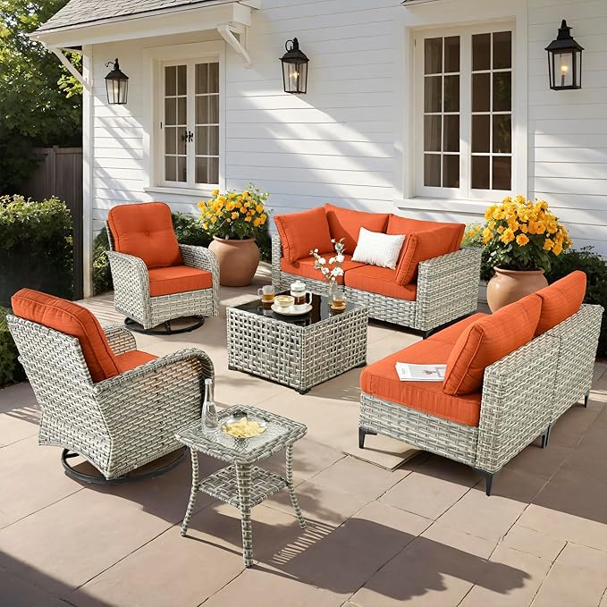 Outdoor Patio Furniture Sets, 8 PCS Patio Conversation Set Outside Rattan Sectional Sofa with Wicker Rocking Chairs Coffee Table Soft Cushion Fit Backyard Porch Garden Poolside Balcony