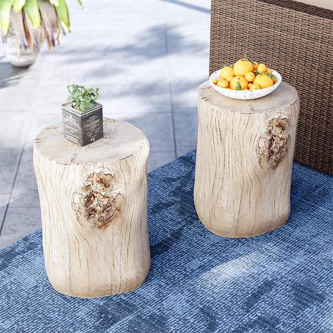SUNBURY Outdoor Side Table Set of 2, Tree Stump Side Table Antique Beige Colored Faux Wood, End Table Wood Stump Stool, Ottoman or Plant Stand, Deck or Garden