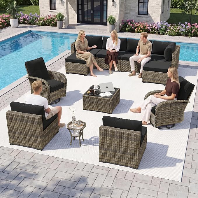 Aoxun 12 Piece Outdoor Patio Furniture Set with Coffee Table, Wicker Rattan Outdoor Furniture with High Back Swivel Rocker Chairs, Outdoor Conversation Set with Thick Cushion & Ottoman, Black