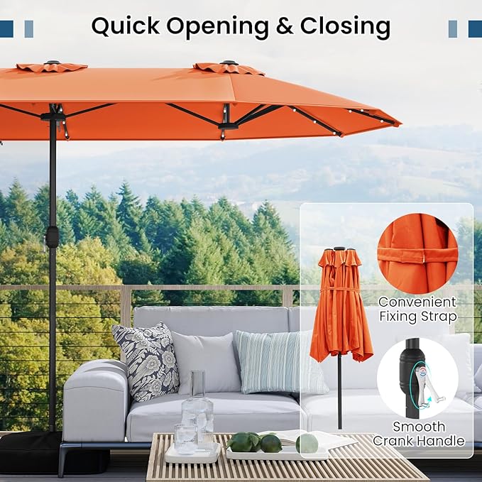 Tangkula 13FT Double-Sided Solar Patio Umbrella, Extra-Large Outdoor Twin Umbrella with 36 LED Lights, Vented Top, Crank Handle, 12 Ribs, Weighted Base Included for Backyard Poolside Deck (Orange)