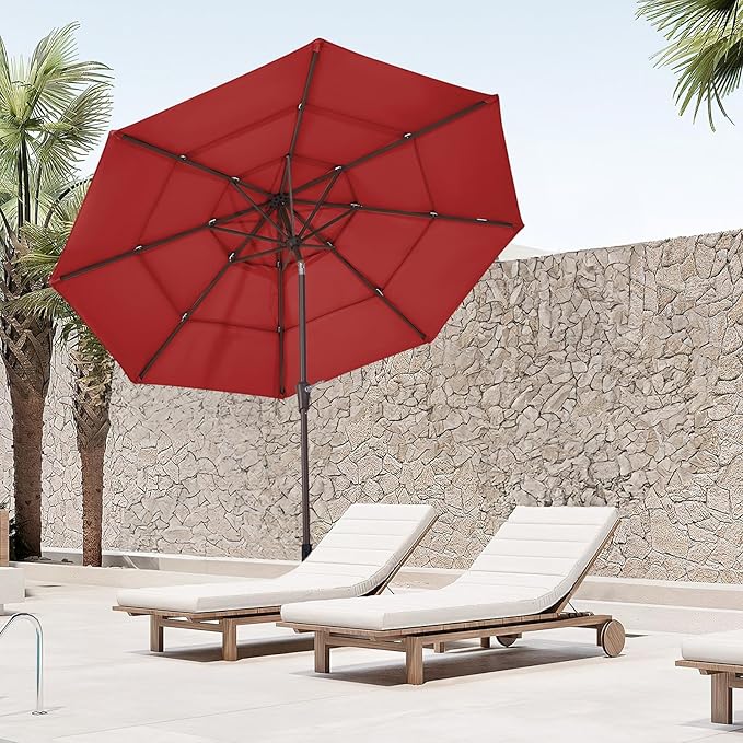 JEAREY 9FT 3 Tier Patio Umbrella Outdoor Market Umbrella Table Umbrellas with 8 Ribs 1.5 Pole Push Button Tilt and Crank UV Protection for Garden,Red