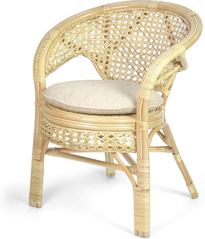 3 Pcs Pelangi Rattan Wicker Dining Set Round Table Glass Top and 2 Arm Chairs with Cream Cushion, Natural Color