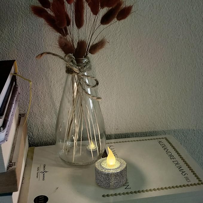 FURORA LIGHTING Silver Glitter LED Tealight Candles Pack of 12, Flameless Flickering Tealight Candles for Home Décor, 1.5’’(W) x 1.65’’(H), Battery Operated