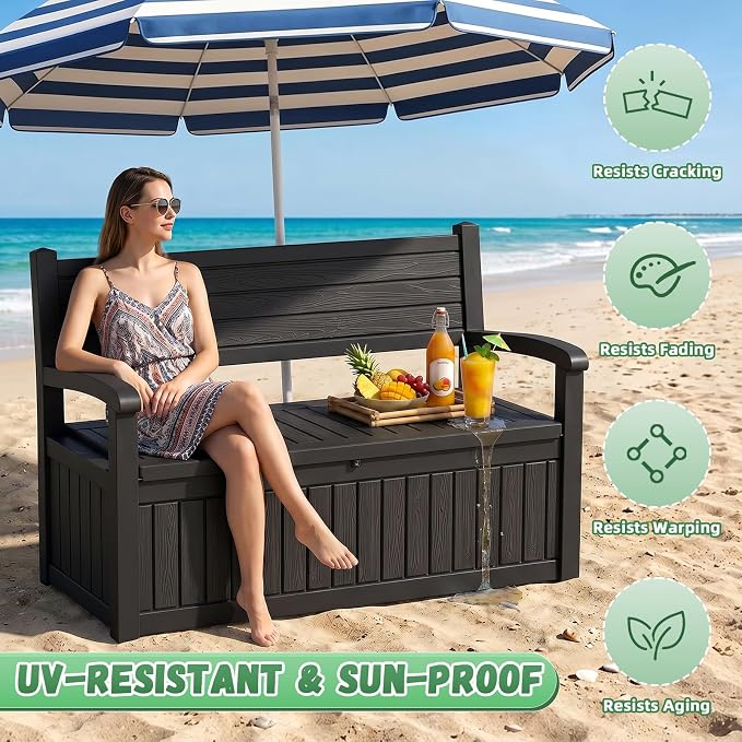 80 Gallon Outdoor Storage Bench Deck Box Waterproof Resin Lockable UV Resistant Benches Furniture Outside Porch Patio Pool Garden Tool Cushion Black