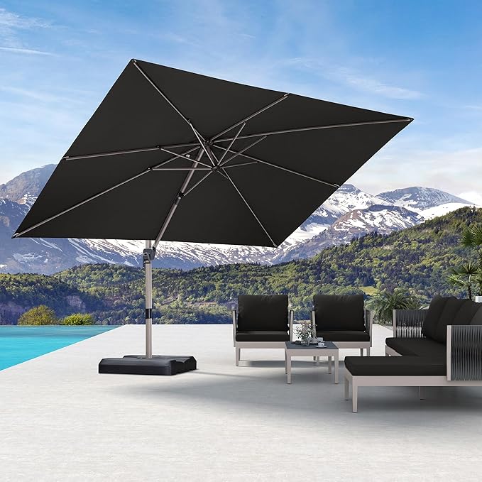 PURPLE LEAF 9' X 11' Patio Umbrella, Rectangle Outdoor Cantilever Umbrella, Aluminum Offset Umbrella with Champagne Frame and 360° Rotation for Pool Deck Garden, Grey