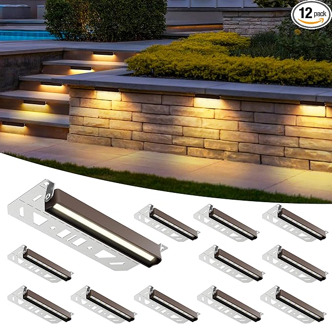 AUDERWIN Retaining Wall Lights, 7 Inch LED Hardscape Lighting Waterproof, 12V Low Voltage Landscape Lighting, Outdoor Step Lights for Patio Stairs Deck 2700K, 270° Rotate, 12 Pack