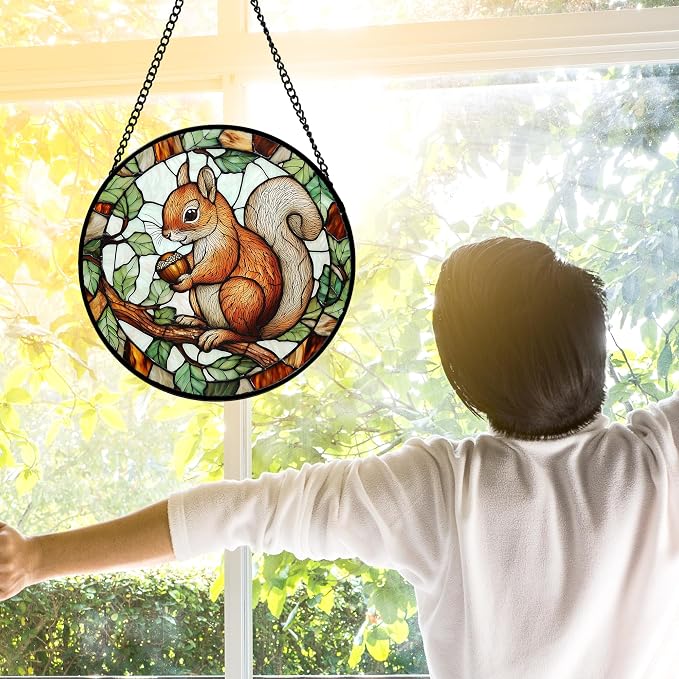 DASTOLL Stained Glass Window Hanging, Squirrel on a Branch Suncatcher Diamond Glass Panel Animal Sun Catchers Decor for Birthday for Women, Men, Wife, Aunt, and Mom 9.8 in