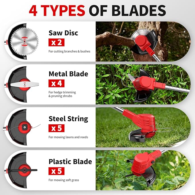 FULLYEA Electric Weed Wacker Cordless, Foldable Grass Trimmer with 2*4.0Ah Batteries & Charger, Brush Cutter Battery Powered with 3 Types Blades, Lawn Mover Lightweight Weed Eater for Lawn Yard Garden