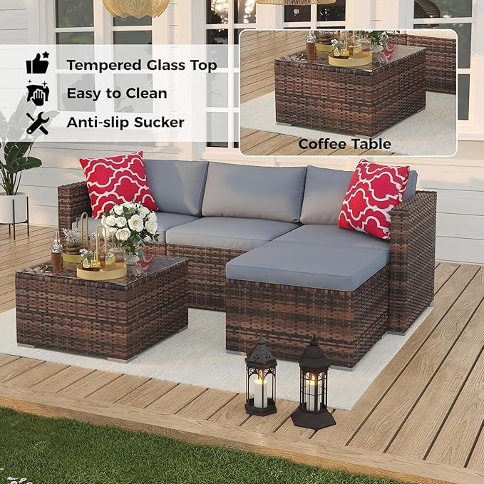 5 Piece Outdoor Patio Furniture Set, PE Rattan Patio Conversation Sets, All-Weather Wicker Outside Sofa Set with Thick Cushions, Bistro Sets w/Coffee Table for Pool, Backyard, Lawn(Brown+Light Grey)