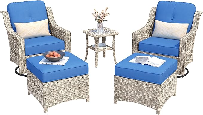 HOOOWOOO Patio Furniture Set,5 Pieces Wicker Outdoor Furniture,High Back Conversation Set with All Weather Resistant Swivel Chairs with Ottoman Side Table,Diamond Blue