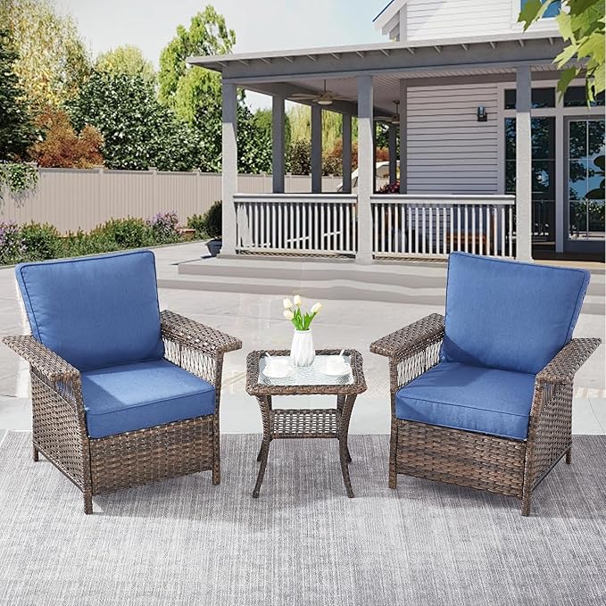 Outdoor Patio Chairs Wicker Chair - 3 Piece Rattan Patio Bistro Chairs Set with Sturdy Frame,All-Weather PE Wicker and Comfortable Cushions,1 Side Table for Outside Porch Deck Balcony(Brown/Blue)