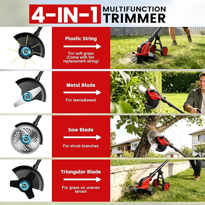 12-Inch Cordless Weed Wacker, 2x3.0Ah 21V Battery Powered Weed Eater with Wheels, 800W Brushless Motor, Electric Lawn Mower with 4 Types Blades, 20000RPM Brush Cutter Grass Trimmer for Garden Yard
