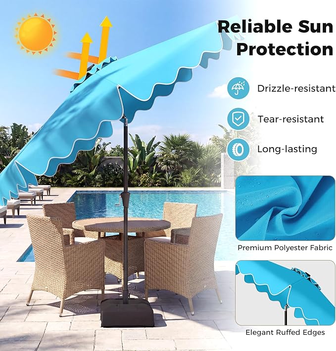 Tangkula 10 FT Solar Patio Umbrella with Base Included, 2-Tiers Outdoor Scalloped Table Umbrella with 32 LED Lights, 2 Sandbags, Tilt Adjustment, Crank, 8 Ribs for Market Backyard Pool Deck Beach Lawn (Turquoise, 10 FT)