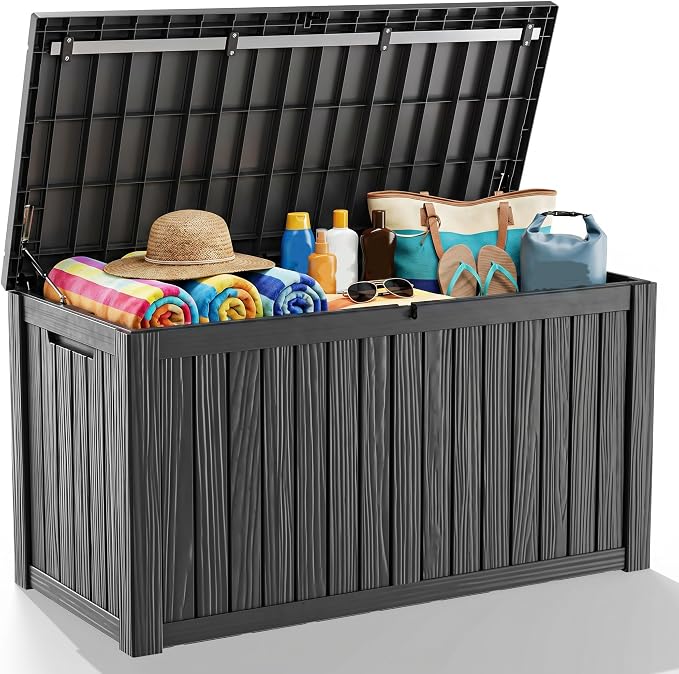 175 Gallon Outdoor Deck Storage Box, All Weather Vertical Wood Grain Lockable Storage Chest for Pool, Patio & Backyard Extra Large Outdoor Gear Storage (Black,175GAL)