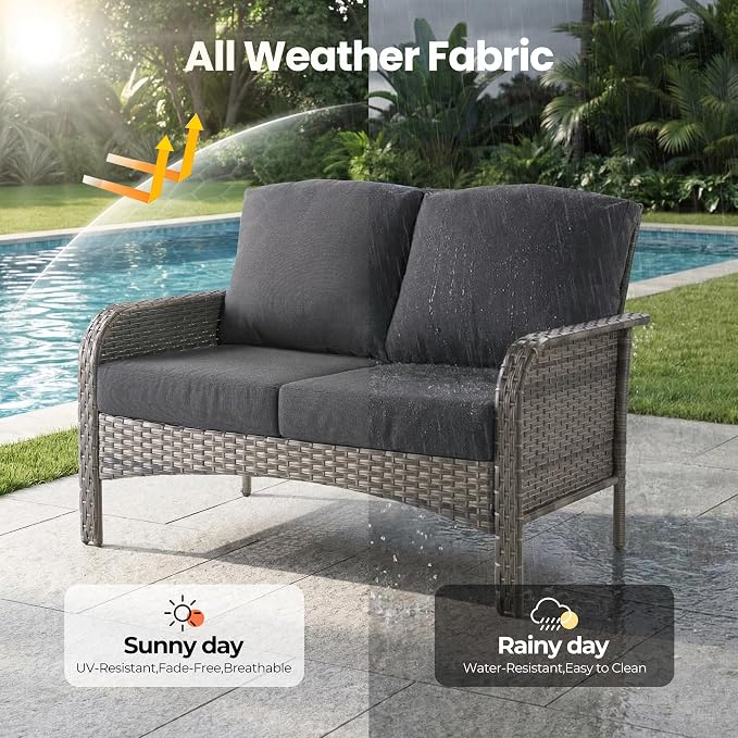 Weaxty Wicker Patio Furniture Set with Swivel Rocker Chairs Outdoor Loveseat Sofa and Rattan Coffee Table, 5 Pieces Outdoor Conversation Sets for Patio Porch Deck Backyard Poolside,Beige