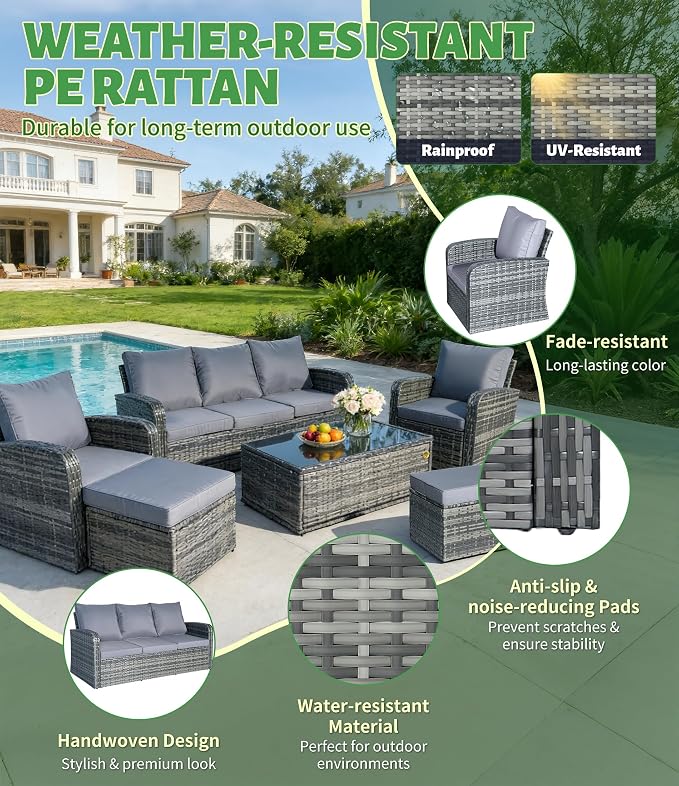 6-Piece Outdoor Patio Furniture Set, Wicker Sofa and Chairs with Cushions & Ottomans, PE Rattan All-Weather Conversation Set with Coffee Table, Comfortable Seating for Backyard, Poolside, Garden Grey