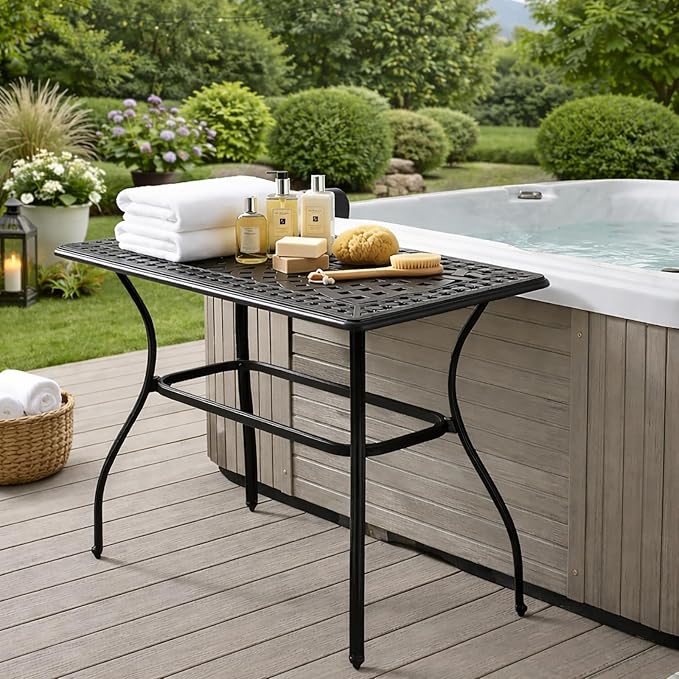 VIVIJASON Outdoor Bar Table, 42" x 24" Cast Aluminum Counter Height Table, All-Weather Patio Rectangle Pub Table with Adjustable Feet, High Top Dining Table for Backyard, Deck, Garden, Antique Bronze