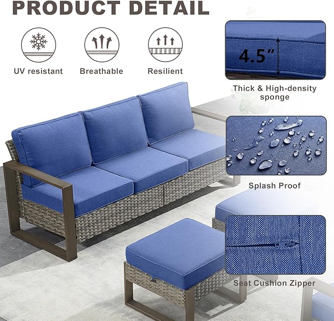 Rilyson Outdoor Couch Wicker Patio Sofa, Rattan Patio Furniture Sofa with Sturdy Frame,All-Weather PE Wicker,Wide Armrest,Deep Seating and Thick Cushions for Deck Porch Garden(Mixed Grey/Blue)