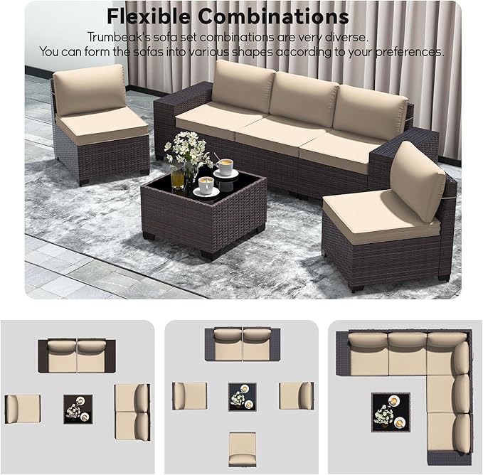Patio Furniture Set 9 Pieces Outdoor Swivel Rocking Chairs Sofa Set,PE Rattan Wicker Patio Conversation Set with Thickened Cushions and Glass Coffee Table,Sand