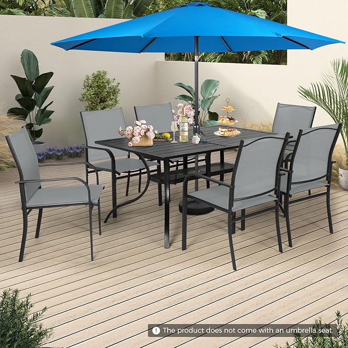 Incbruce 8 Pieces Patio Dining Set with Sky Blue Umbrella, Outdoor Dining Set of 6 Textilene Chairs and Rectangle Table with Umbrella Hole for Backyard, Garden, and Poolside (Grey)