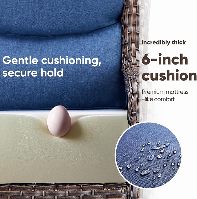 Swivel Patio Chairs Set of 3 with 6" Thick Cushion - Wicker Outdoor Swivel Rocker Patio Chairs with Side Table, High Back Comfortable Outdoor Glider Chair - Brown Wicker Blue Cushion