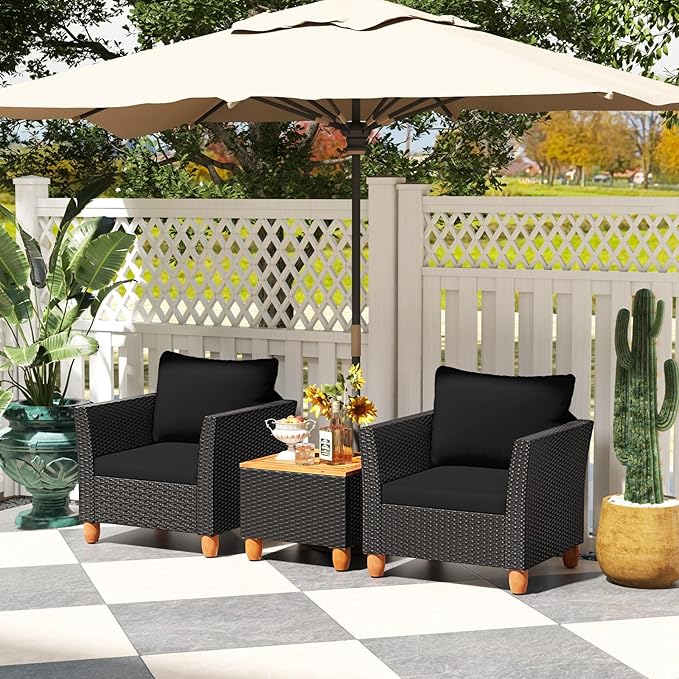 Tangkula 3 Pieces Patio Porch Furniture Set, PE Rattan Wicker Chair Conversation Set with Cushions and Storage Table, Outdoor Acacia Wood Bistro Set for Garden, Poolside (Black)