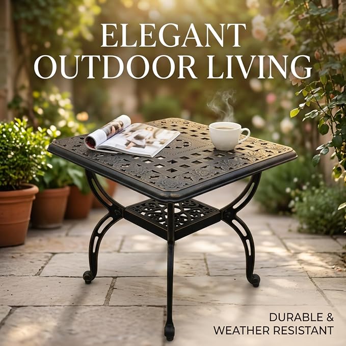 Square Outdoor Coffee Table, Cast Aluminum Side Table with Storage,Indoor End Table, All-Weather Bistro Table for Patio Garden Lawn,Bronze