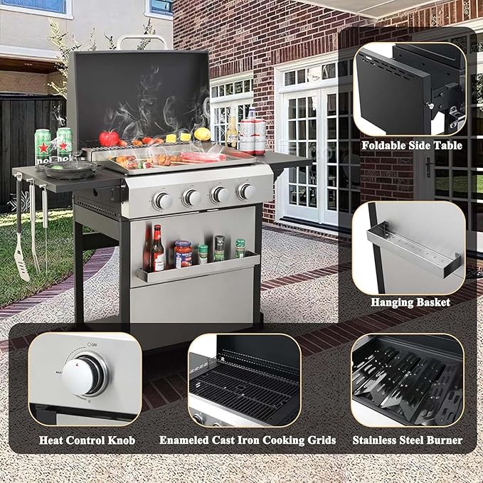 4-Burner Propane Gas BBQ Grill with Wire Enamel Cooking Grids&Plancha, 49,200 BTU Output Stainless Steel Grill with Foldable Side Table & Hanging Basket for Outdoor Backyard Barbecue