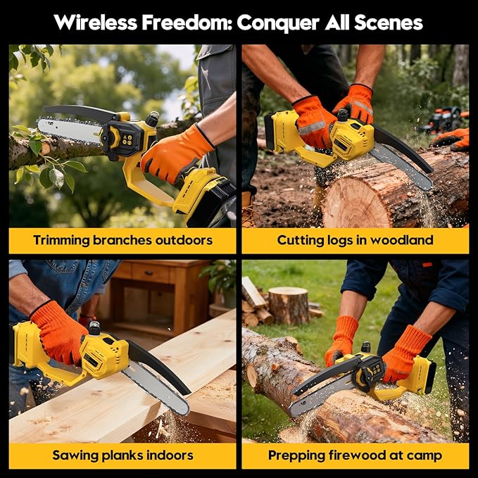 Mini Chainsaw Cordless for Dewalt 20V MAX Battery,8-Inch and 6-Inch 2-IN-1 Brushless Chainsaw with 750W Brushless Chain saw - 24.6FT/S Cutting, 4000RPM, for Wood Cutting(Battery Not Included) (Yellow)