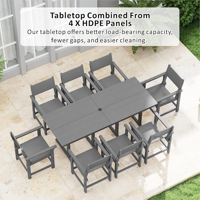 9-Piece HDPE Outdoor Patio Dining Set,Outdoor Table and Chairs,Modern Plastic Dining Sets with Umbrella Hole Cut-Out Table and 8 Chairs Gray